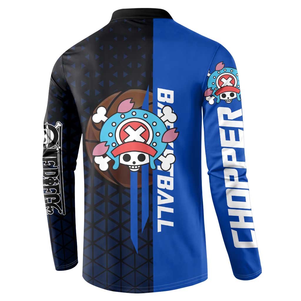 Tony Tony Chopper One Piece Basketball Theme Blue and Black Design Button Sweatshirt with Straw Hat Crew Emblem and Playful Pose - The Mazicc