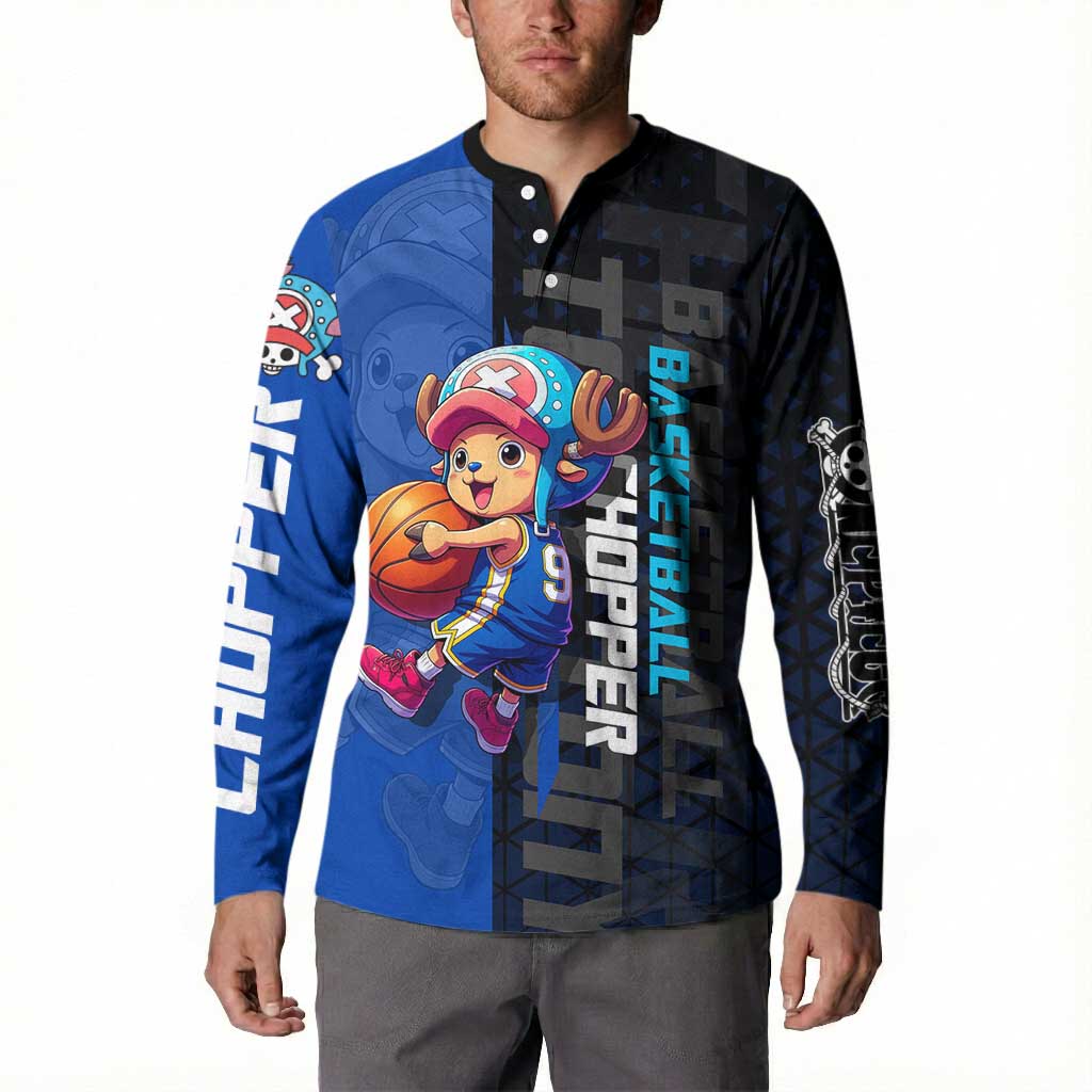Tony Tony Chopper One Piece Basketball Theme Blue and Black Design Button Sweatshirt with Straw Hat Crew Emblem and Playful Pose - The Mazicc