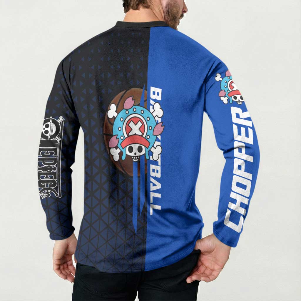 Tony Tony Chopper One Piece Basketball Theme Blue and Black Design Button Sweatshirt with Straw Hat Crew Emblem and Playful Pose - The Mazicc
