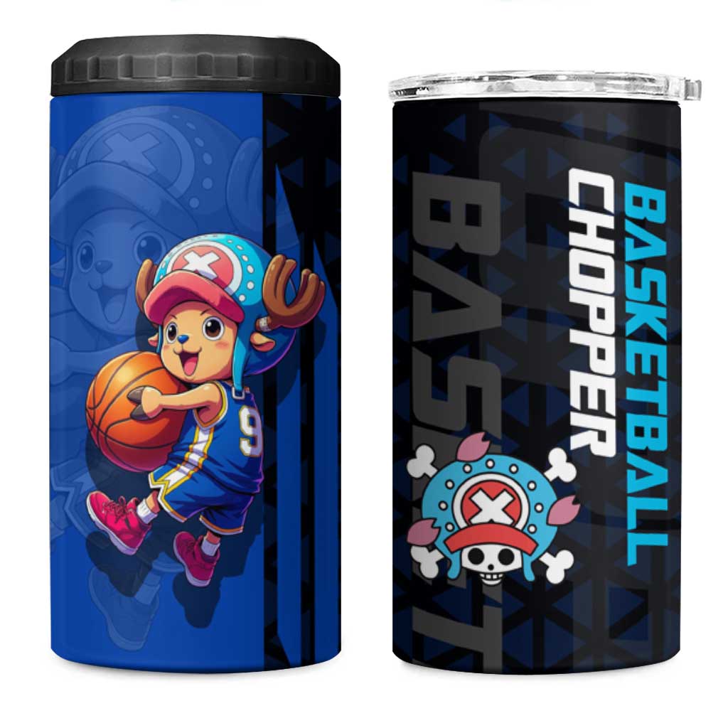 Tony Tony Chopper One Piece Basketball Theme Blue and Black Design 4 in 1 Can Cooler Tumbler with Straw Hat Crew Emblem and Playful Pose - The Mazicc