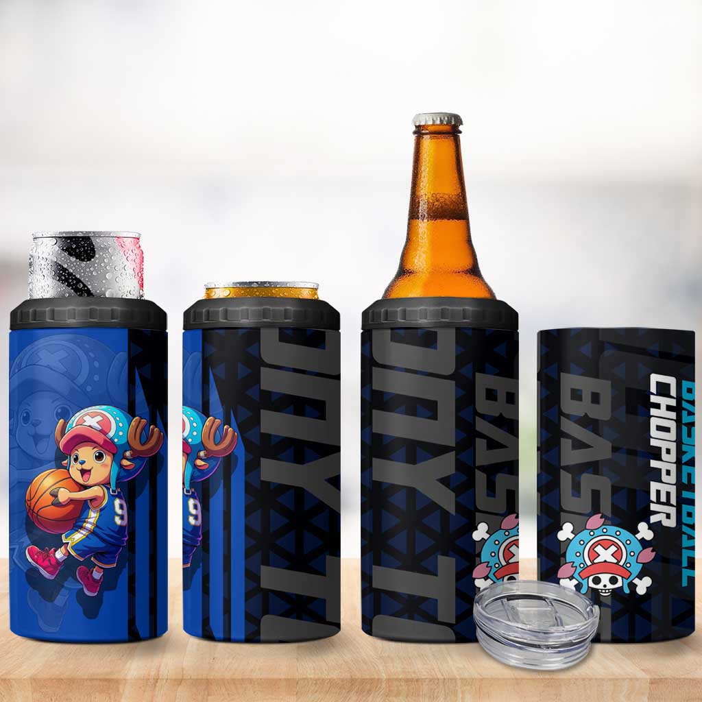 Tony Tony Chopper One Piece Basketball Theme Blue and Black Design 4 in 1 Can Cooler Tumbler with Straw Hat Crew Emblem and Playful Pose - The Mazicc