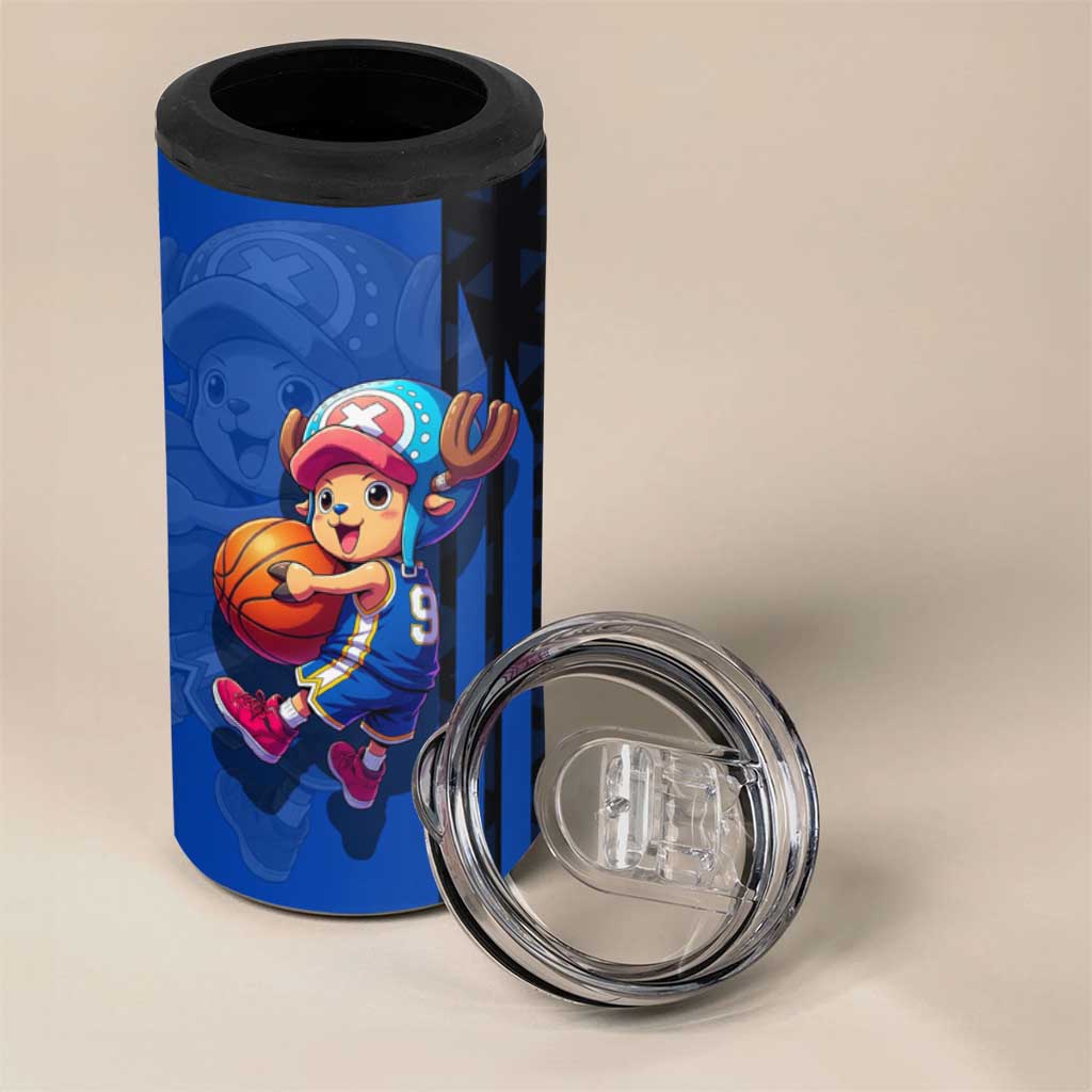 Tony Tony Chopper One Piece Basketball Theme Blue and Black Design 4 in 1 Can Cooler Tumbler with Straw Hat Crew Emblem and Playful Pose - The Mazicc