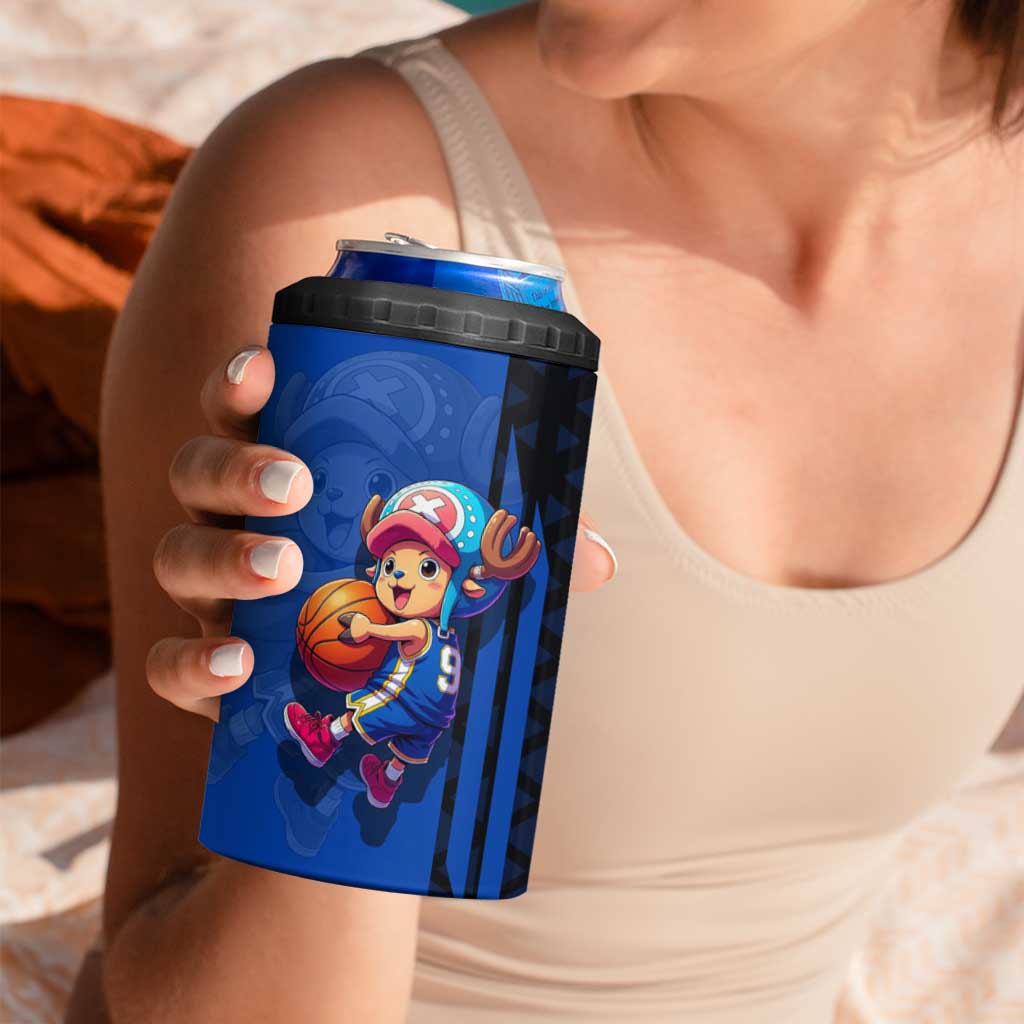 Tony Tony Chopper One Piece Basketball Theme Blue and Black Design 4 in 1 Can Cooler Tumbler with Straw Hat Crew Emblem and Playful Pose - The Mazicc