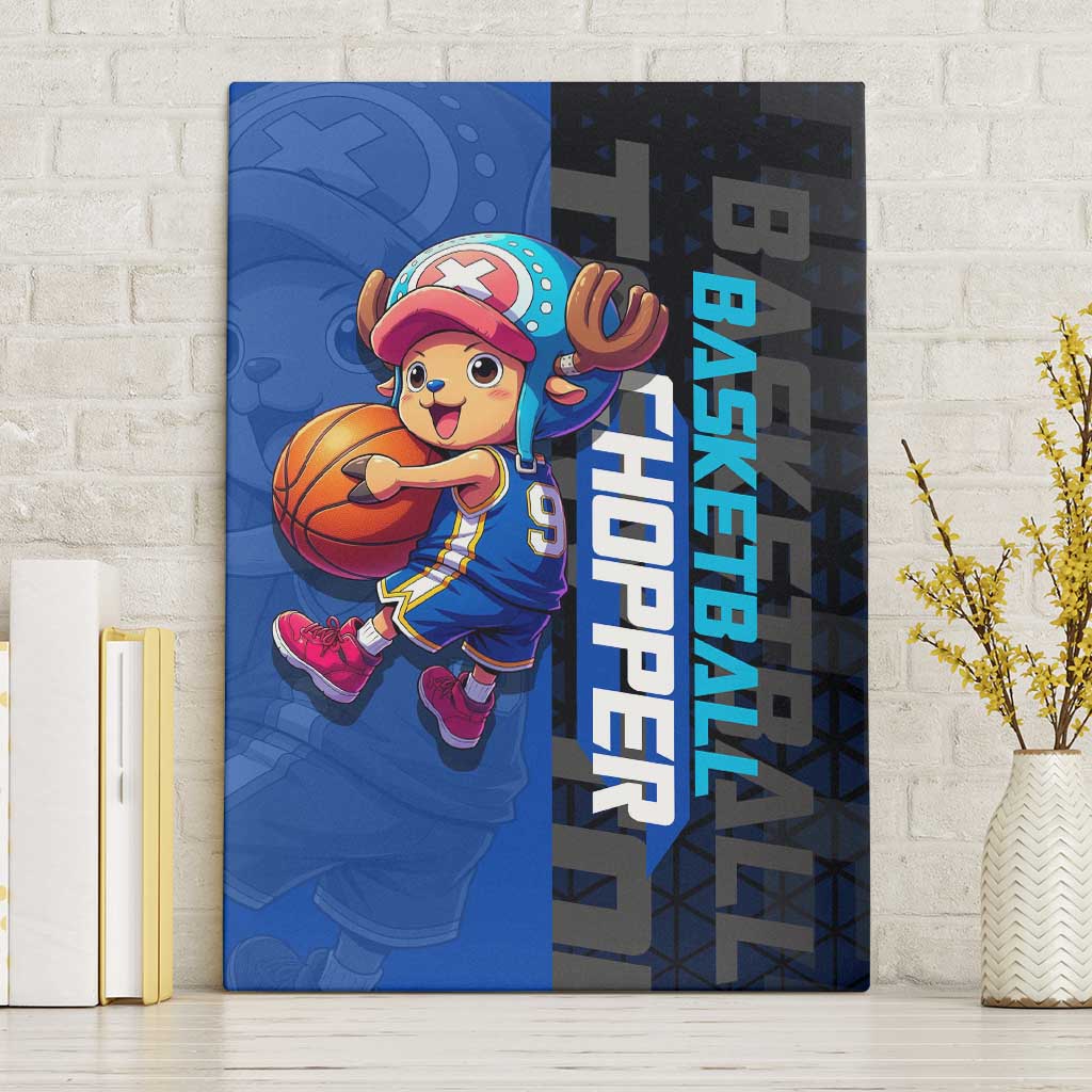 Tony Tony Chopper One Piece Basketball Theme Blue and Black Design Canvas Wall Art with Straw Hat Crew Emblem and Playful Pose - The Mazicc