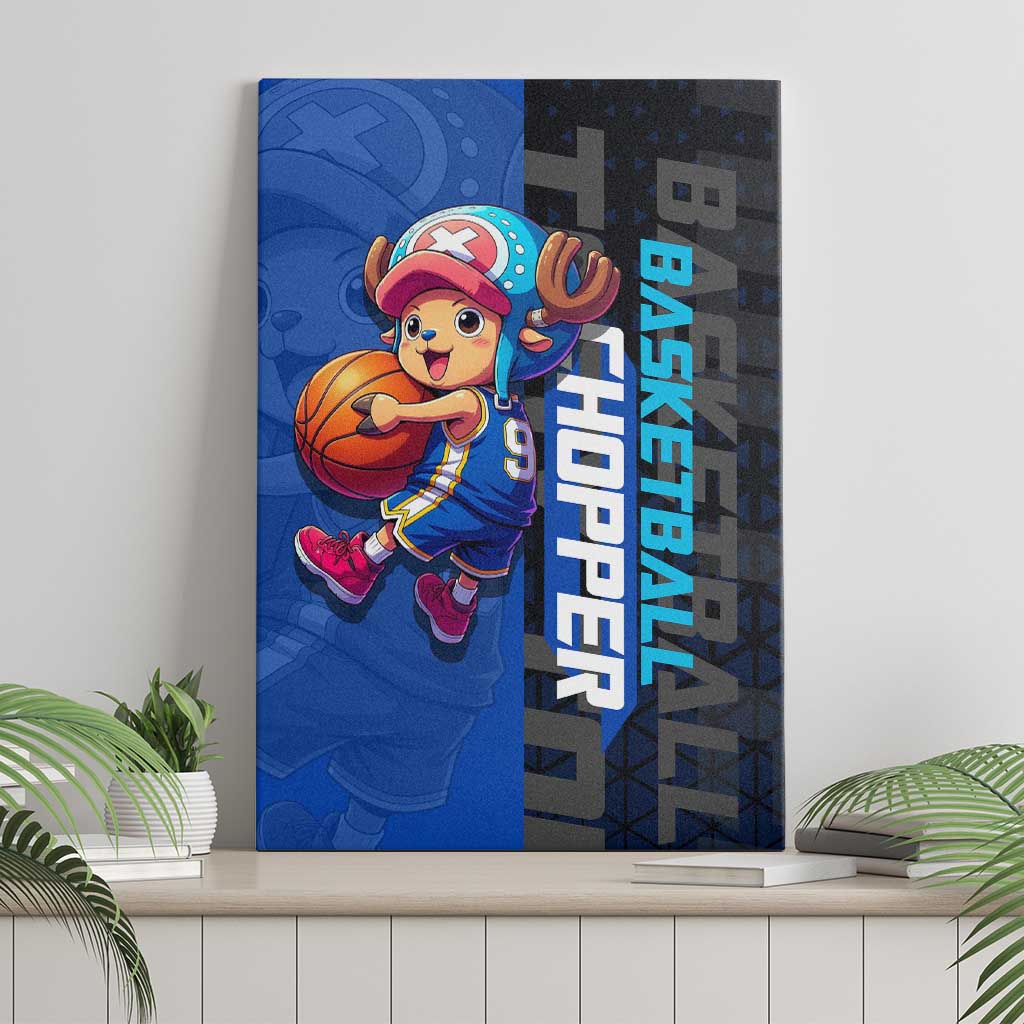 Tony Tony Chopper One Piece Basketball Theme Blue and Black Design Canvas Wall Art with Straw Hat Crew Emblem and Playful Pose - The Mazicc