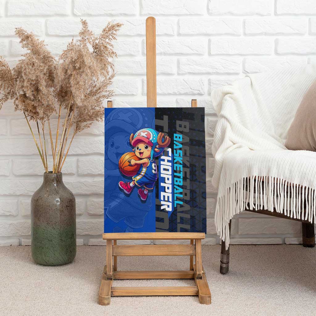 Tony Tony Chopper One Piece Basketball Theme Blue and Black Design Canvas Wall Art with Straw Hat Crew Emblem and Playful Pose - The Mazicc