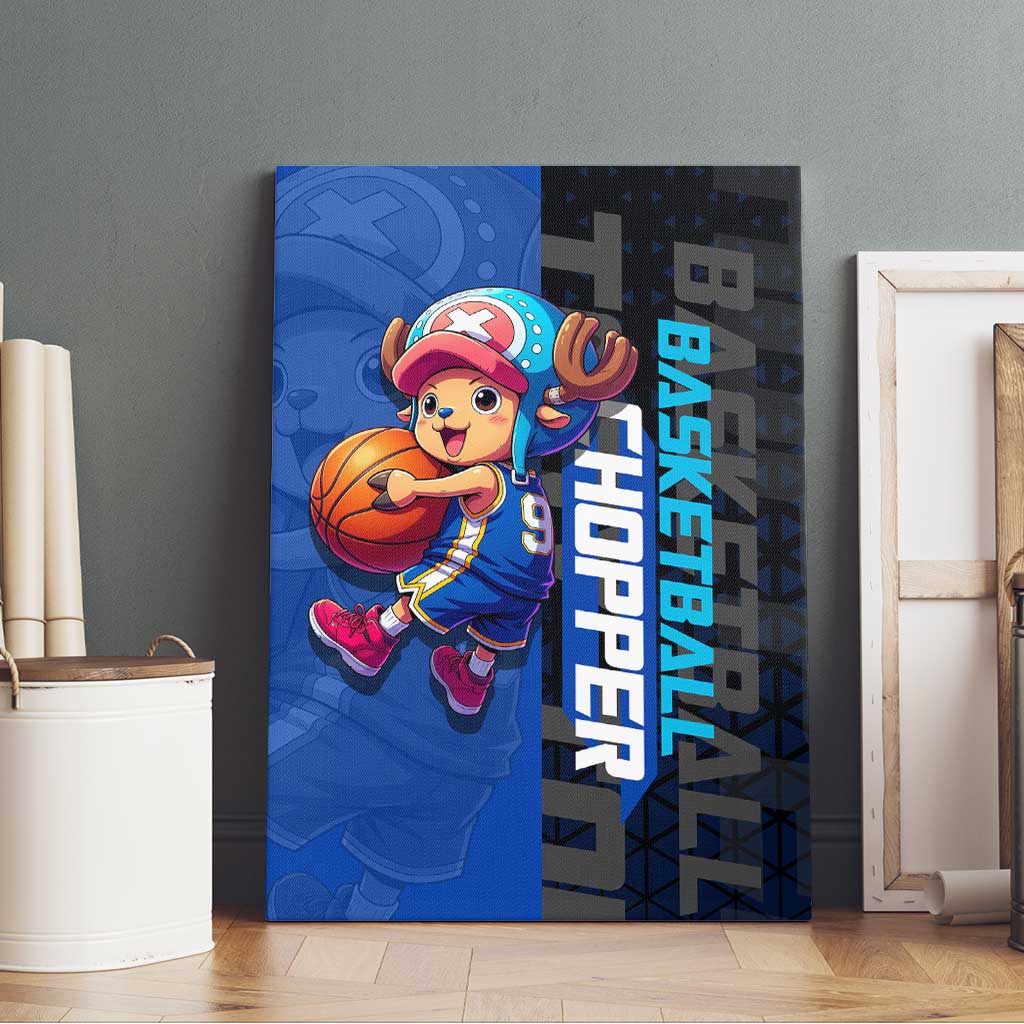 Tony Tony Chopper One Piece Basketball Theme Blue and Black Design Canvas Wall Art with Straw Hat Crew Emblem and Playful Pose - The Mazicc