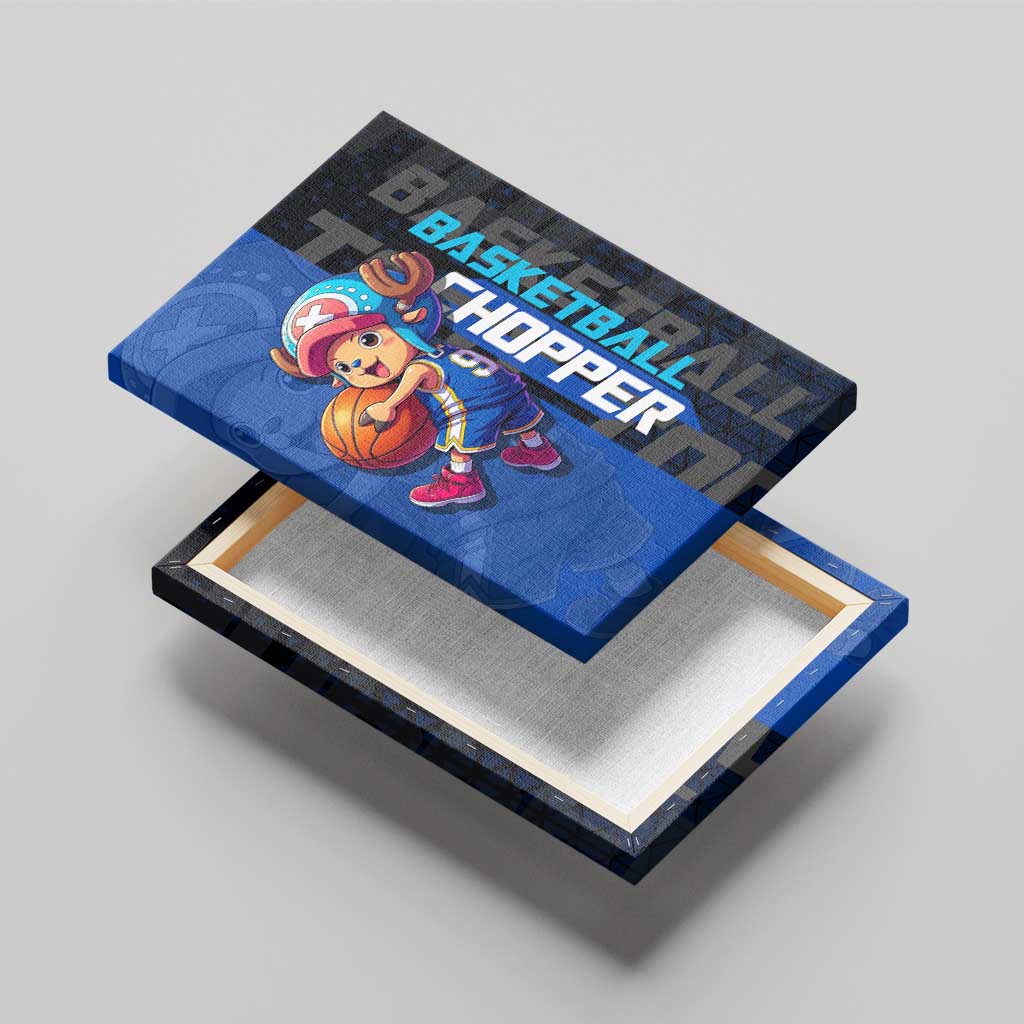Tony Tony Chopper One Piece Basketball Theme Blue and Black Design Canvas Wall Art with Straw Hat Crew Emblem and Playful Pose - The Mazicc