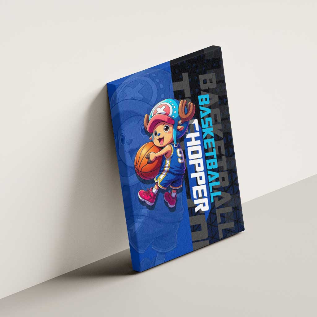 Tony Tony Chopper One Piece Basketball Theme Blue and Black Design Canvas Wall Art with Straw Hat Crew Emblem and Playful Pose - The Mazicc