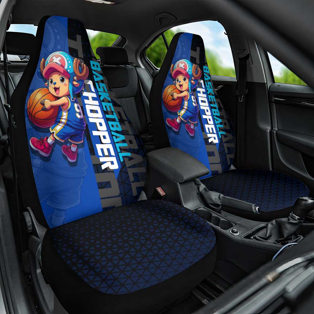 Tony Tony Chopper One Piece Basketball Theme Blue and Black Design Car Seat Cover with Straw Hat Crew Emblem and Playful Pose - The Mazicc