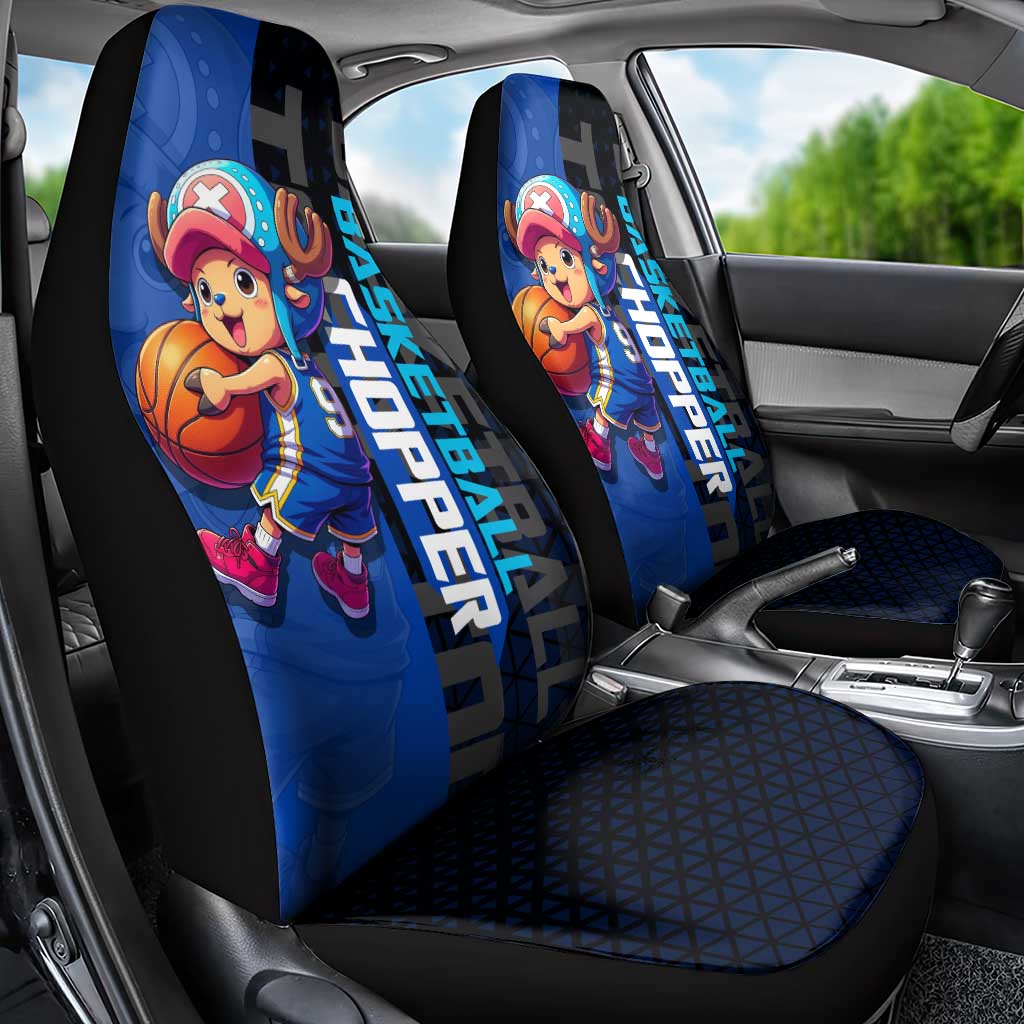 Tony Tony Chopper One Piece Basketball Theme Blue and Black Design Car Seat Cover with Straw Hat Crew Emblem and Playful Pose - The Mazicc