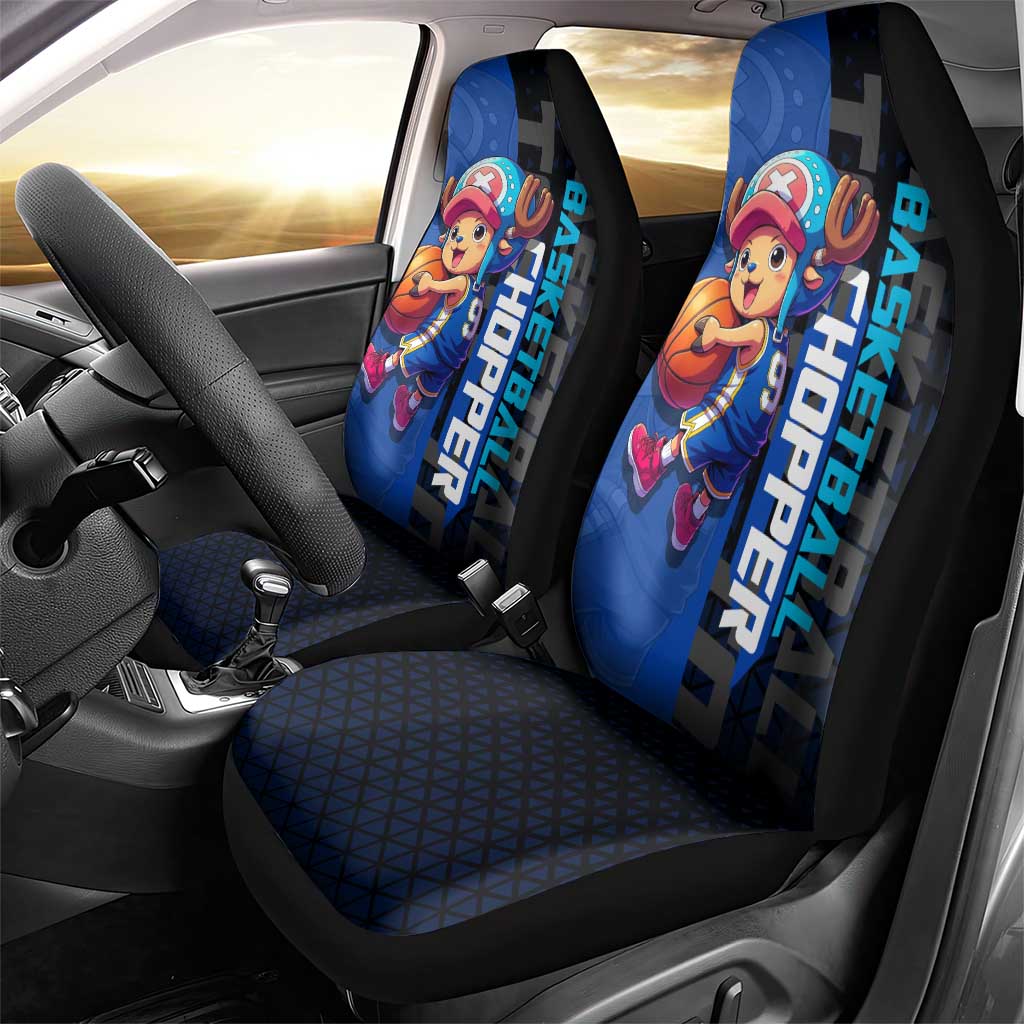 Tony Tony Chopper One Piece Basketball Theme Blue and Black Design Car Seat Cover with Straw Hat Crew Emblem and Playful Pose - The Mazicc