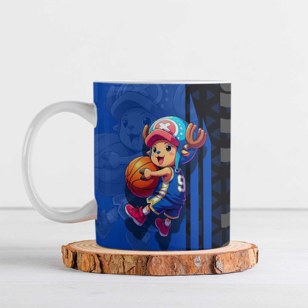 Tony Tony Chopper One Piece Basketball Theme Blue and Black Design Ceramic Mug with Straw Hat Crew Emblem and Playful Pose - The Mazicc