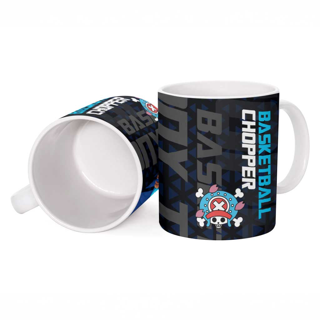 Tony Tony Chopper One Piece Basketball Theme Blue and Black Design Ceramic Mug with Straw Hat Crew Emblem and Playful Pose - The Mazicc