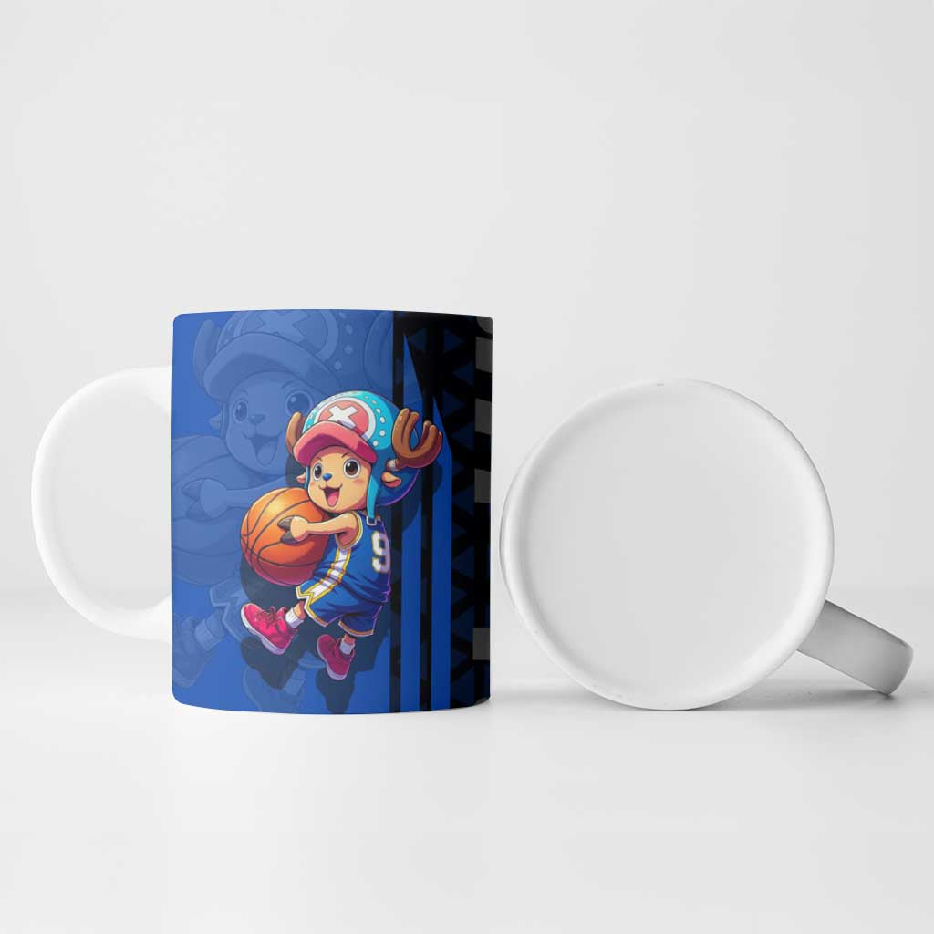 Tony Tony Chopper One Piece Basketball Theme Blue and Black Design Ceramic Mug with Straw Hat Crew Emblem and Playful Pose - The Mazicc