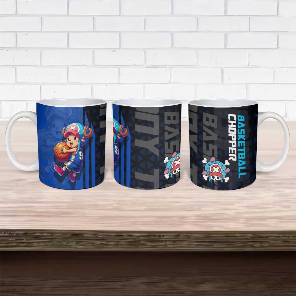 Tony Tony Chopper One Piece Basketball Theme Blue and Black Design Ceramic Mug with Straw Hat Crew Emblem and Playful Pose - The Mazicc