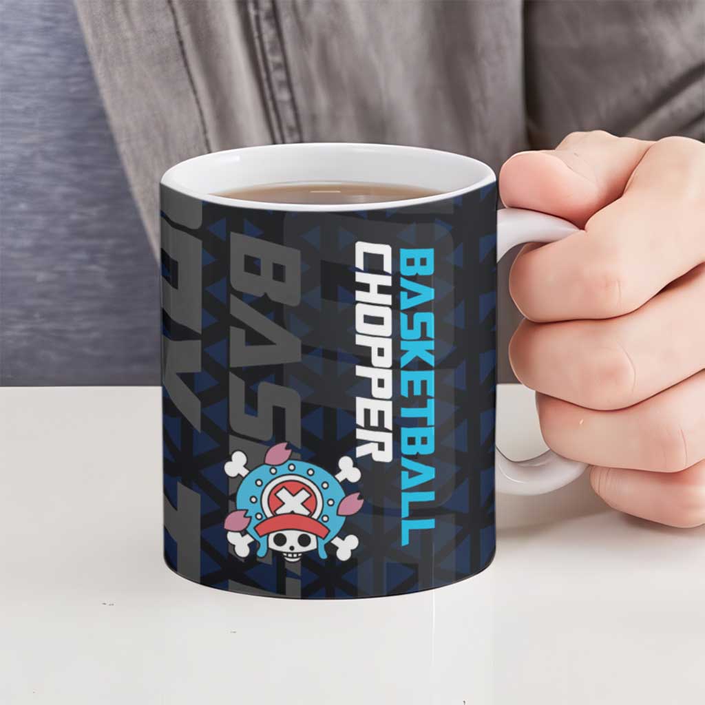 Tony Tony Chopper One Piece Basketball Theme Blue and Black Design Ceramic Mug with Straw Hat Crew Emblem and Playful Pose - The Mazicc