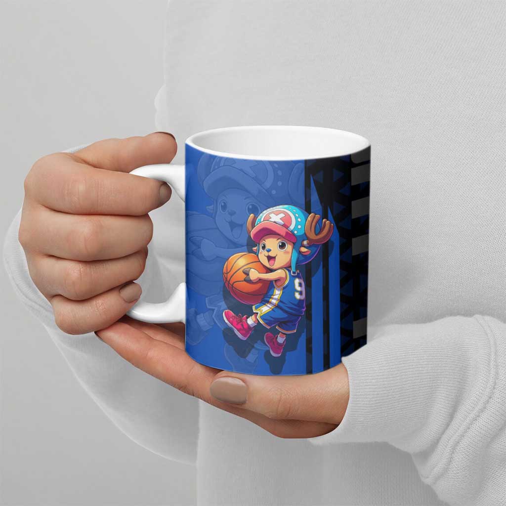 Tony Tony Chopper One Piece Basketball Theme Blue and Black Design Ceramic Mug with Straw Hat Crew Emblem and Playful Pose - The Mazicc