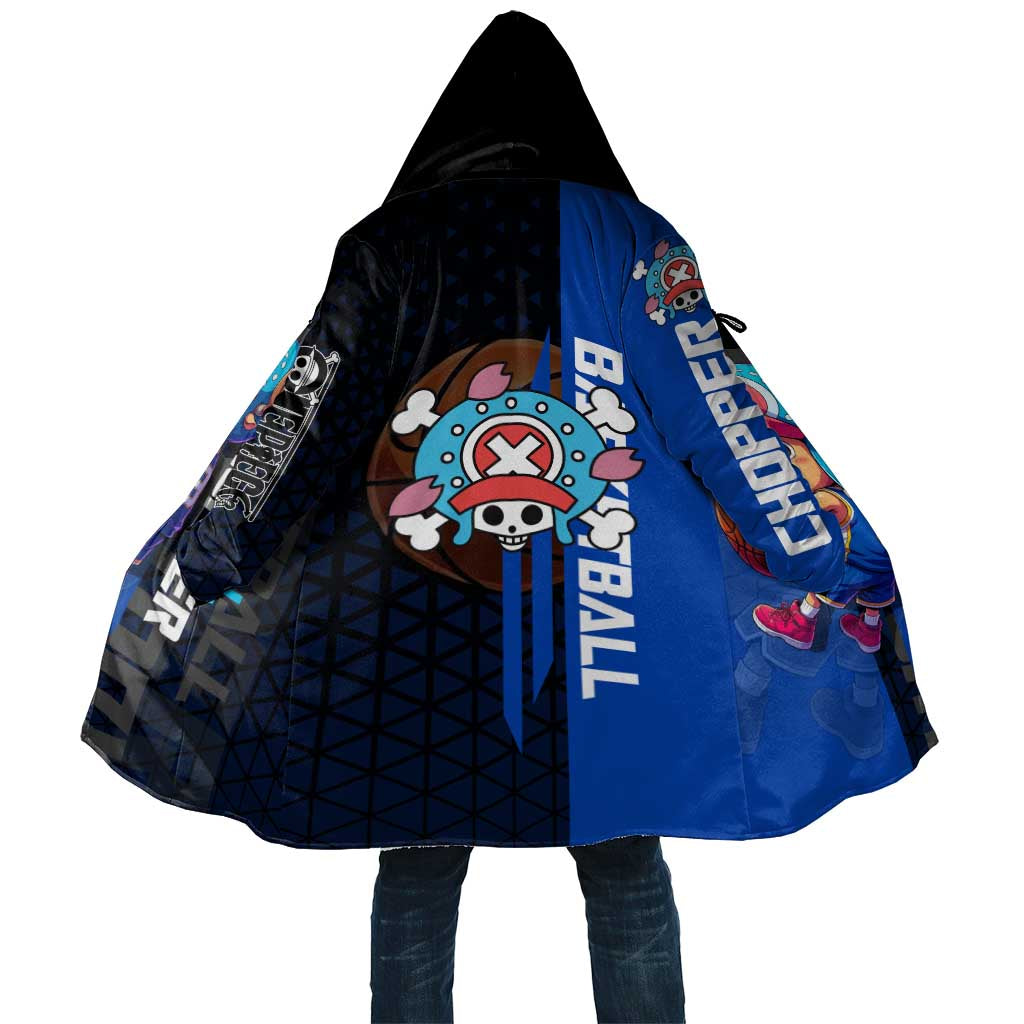 Tony Tony Chopper One Piece Basketball Theme Blue and Black Design Cloak with Straw Hat Crew Emblem and Playful Pose - The Mazicc