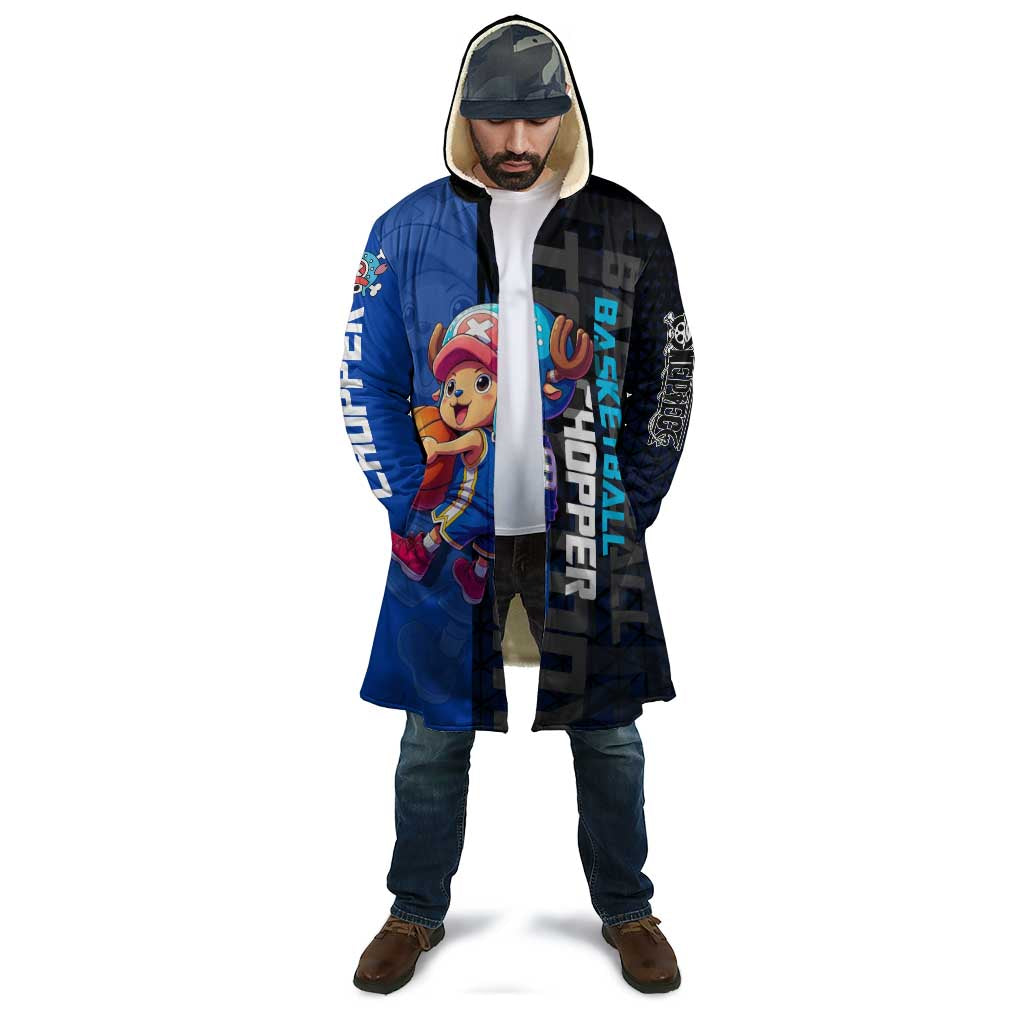 Tony Tony Chopper One Piece Basketball Theme Blue and Black Design Cloak with Straw Hat Crew Emblem and Playful Pose - The Mazicc