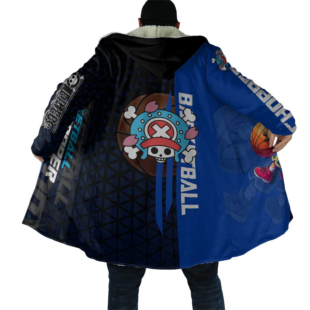 Tony Tony Chopper One Piece Basketball Theme Blue and Black Design Cloak with Straw Hat Crew Emblem and Playful Pose - The Mazicc