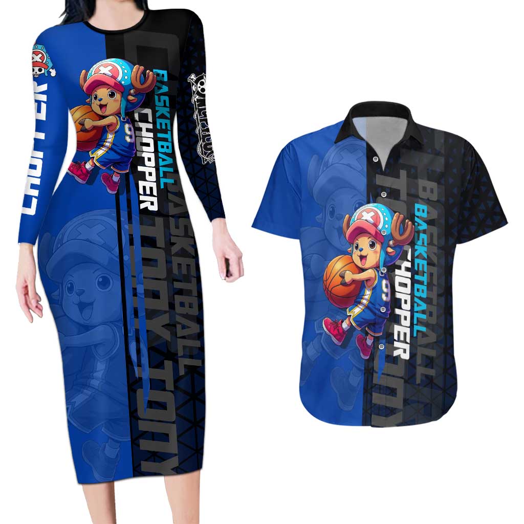Tony Tony Chopper One Piece Basketball Theme Blue and Black Design Couples Matching Long Sleeve Bodycon Dress and Hawaiian Shirt with Straw Hat Crew Emblem and Playful Pose - The Mazicc