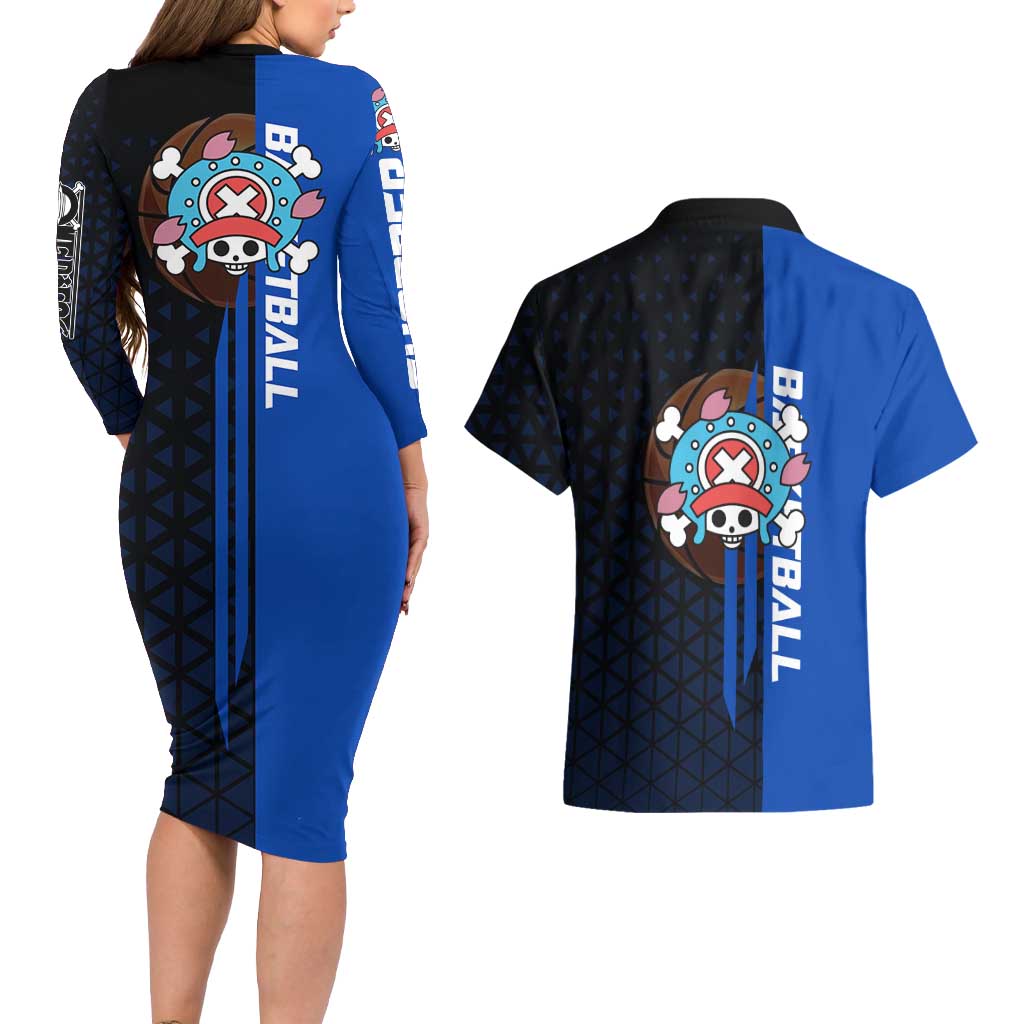 Tony Tony Chopper One Piece Basketball Theme Blue and Black Design Couples Matching Long Sleeve Bodycon Dress and Hawaiian Shirt with Straw Hat Crew Emblem and Playful Pose - The Mazicc