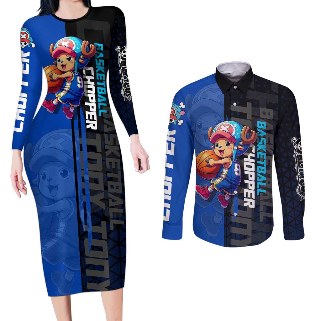Tony Tony Chopper One Piece Basketball Theme Blue and Black Design Couples Matching Long Sleeve Bodycon Dress and Long Sleeve Button Shirt with Straw Hat Crew Emblem and Playful Pose - The Mazicc