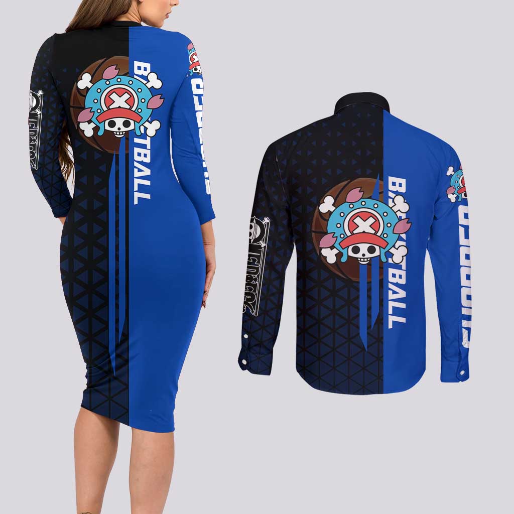 Tony Tony Chopper One Piece Basketball Theme Blue and Black Design Couples Matching Long Sleeve Bodycon Dress and Long Sleeve Button Shirt with Straw Hat Crew Emblem and Playful Pose - The Mazicc