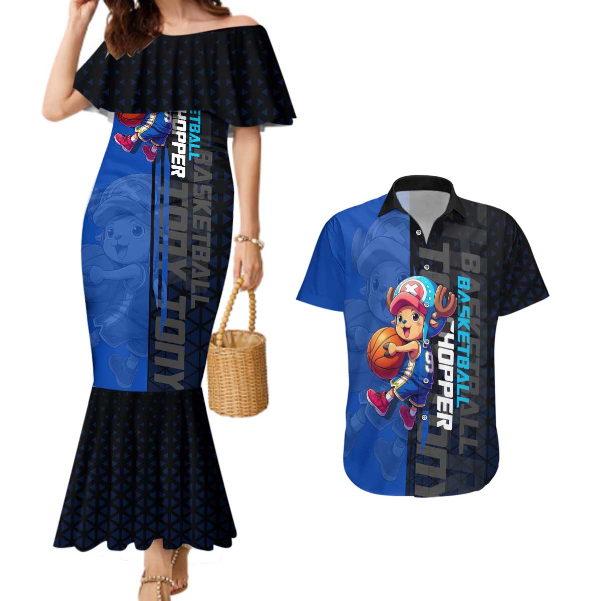 Tony Tony Chopper One Piece Basketball Theme Blue and Black Design Couples Matching Mermaid Dress and Hawaiian Shirt with Straw Hat Crew Emblem and Playful Pose - The Mazicc