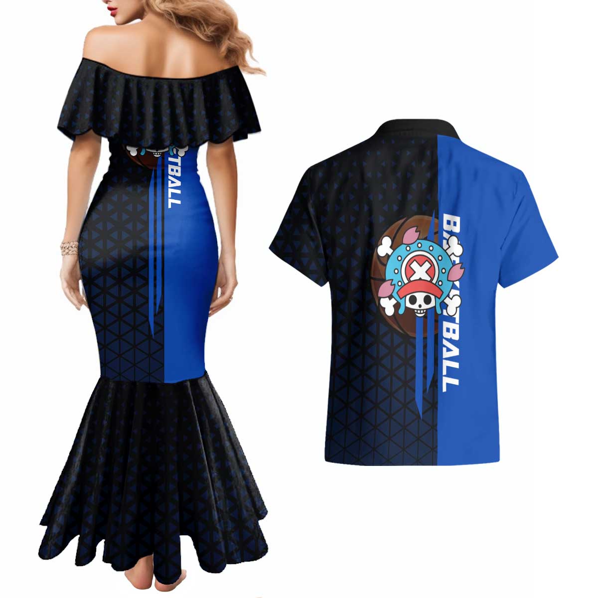 Tony Tony Chopper One Piece Basketball Theme Blue and Black Design Couples Matching Mermaid Dress and Hawaiian Shirt with Straw Hat Crew Emblem and Playful Pose - The Mazicc