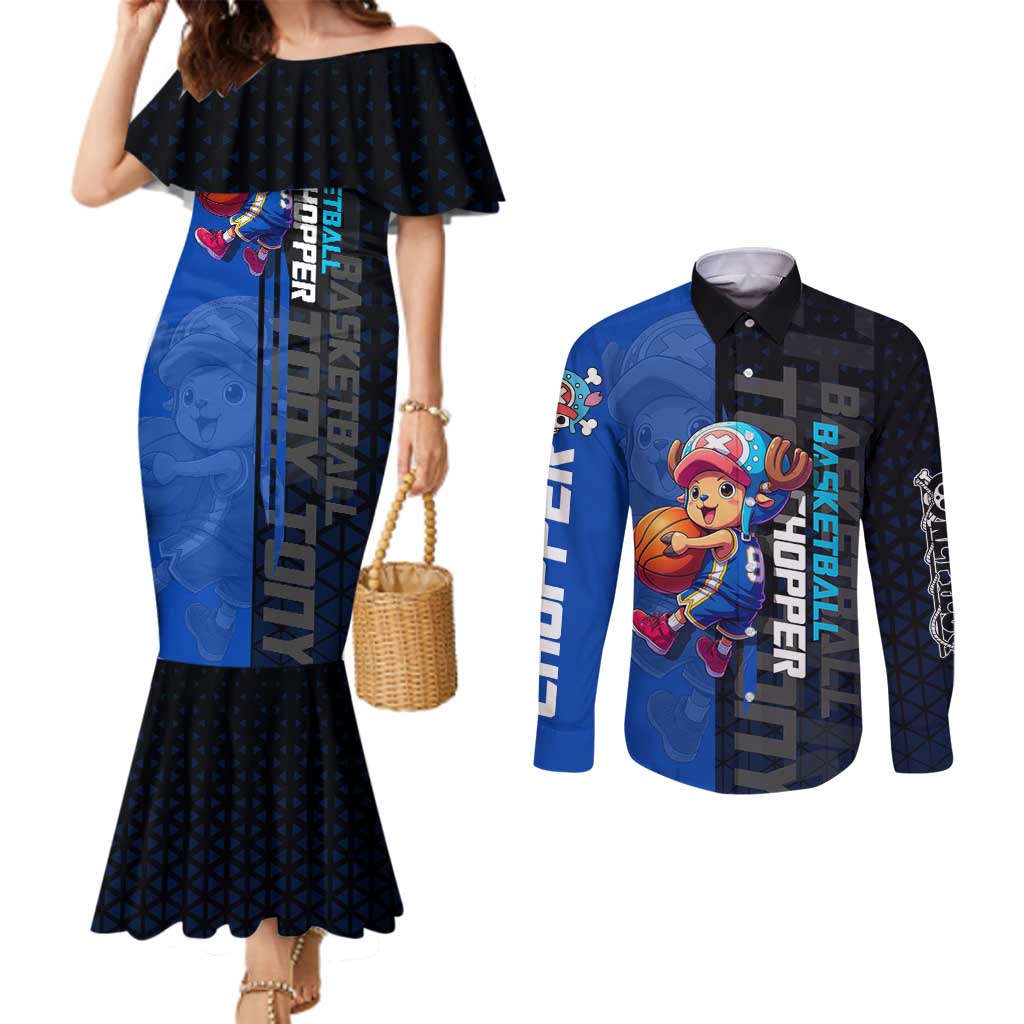 Tony Tony Chopper One Piece Basketball Theme Blue and Black Design Couples Matching Mermaid Dress and Long Sleeve Button Shirt with Straw Hat Crew Emblem and Playful Pose - The Mazicc