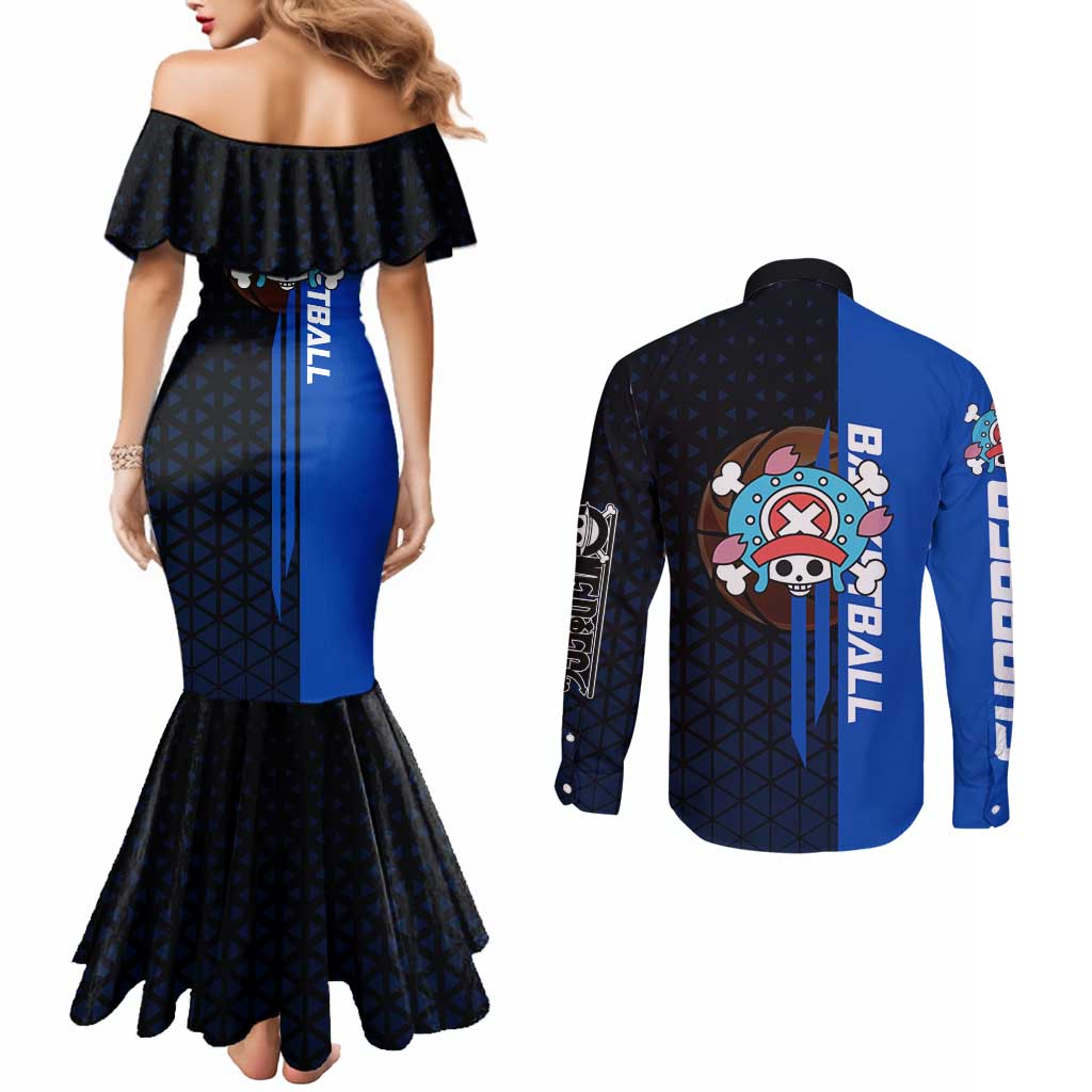 Tony Tony Chopper One Piece Basketball Theme Blue and Black Design Couples Matching Mermaid Dress and Long Sleeve Button Shirt with Straw Hat Crew Emblem and Playful Pose - The Mazicc