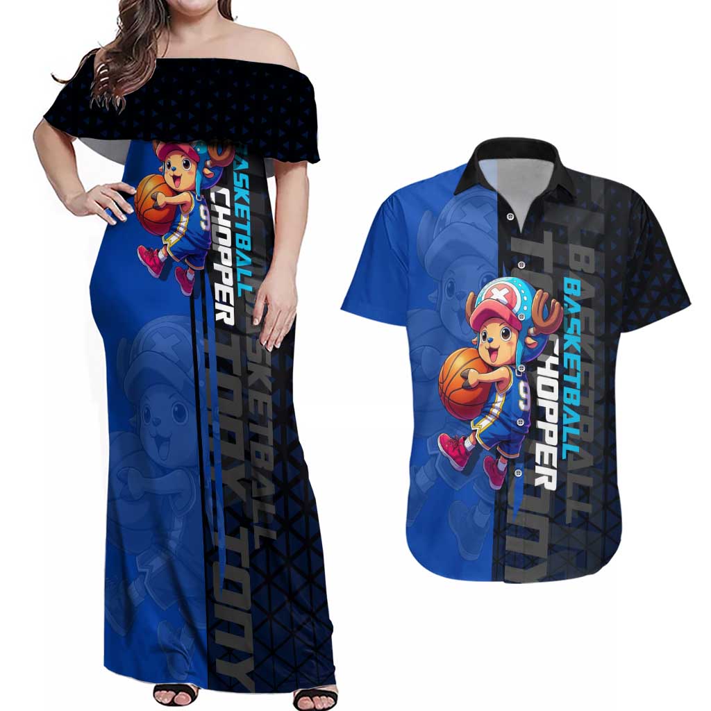 Tony Tony Chopper One Piece Basketball Theme Blue and Black Design Couples Matching Off Shoulder Maxi Dress and Hawaiian Shirt with Straw Hat Crew Emblem and Playful Pose - The Mazicc