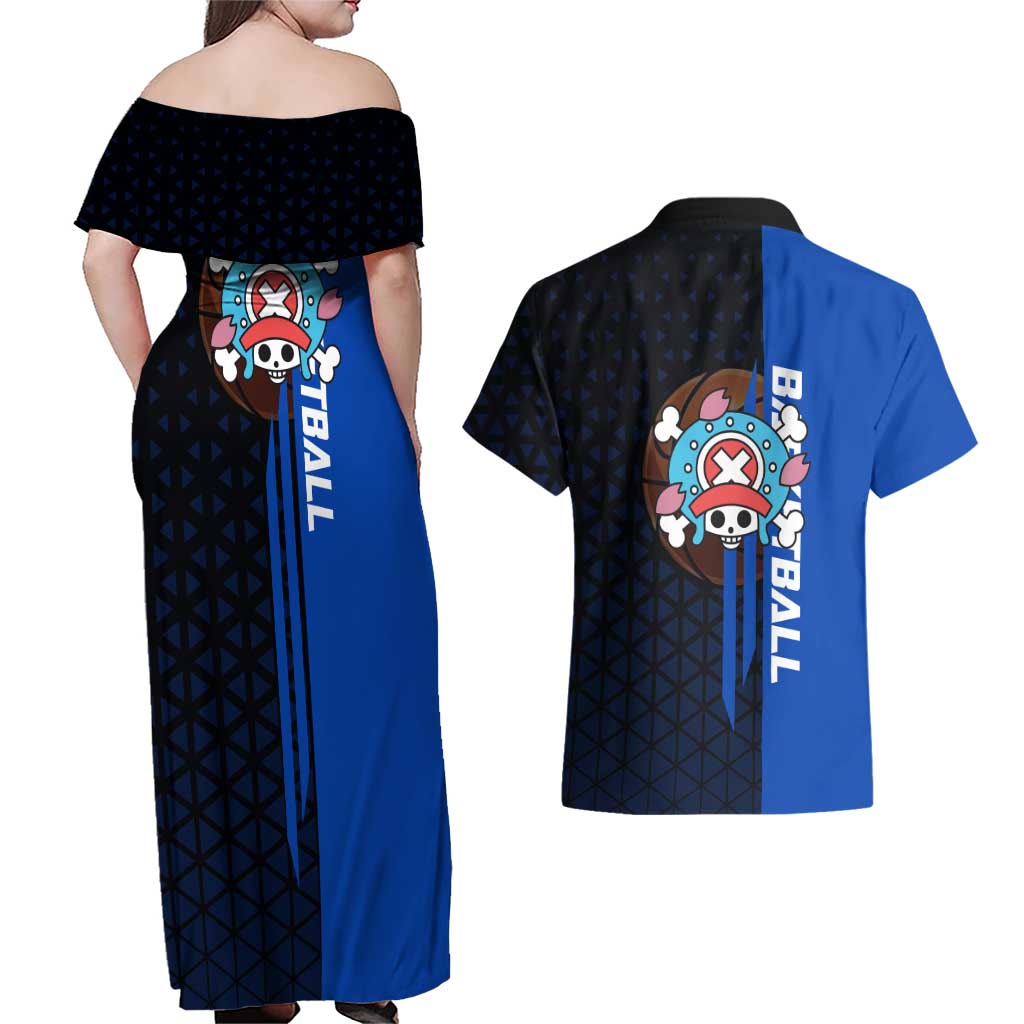 Tony Tony Chopper One Piece Basketball Theme Blue and Black Design Couples Matching Off Shoulder Maxi Dress and Hawaiian Shirt with Straw Hat Crew Emblem and Playful Pose - The Mazicc