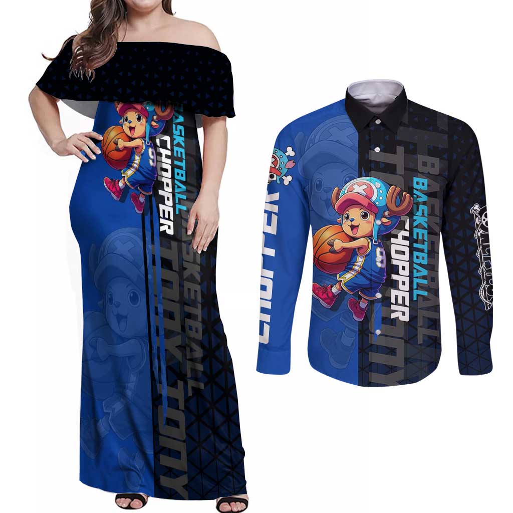 Tony Tony Chopper One Piece Basketball Theme Blue and Black Design Couples Matching Off Shoulder Maxi Dress and Long Sleeve Button Shirt with Straw Hat Crew Emblem and Playful Pose - The Mazicc