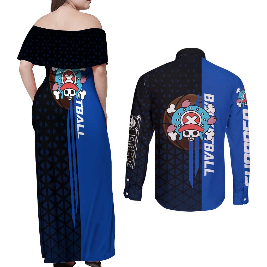 Tony Tony Chopper One Piece Basketball Theme Blue and Black Design Couples Matching Off Shoulder Maxi Dress and Long Sleeve Button Shirt with Straw Hat Crew Emblem and Playful Pose - The Mazicc
