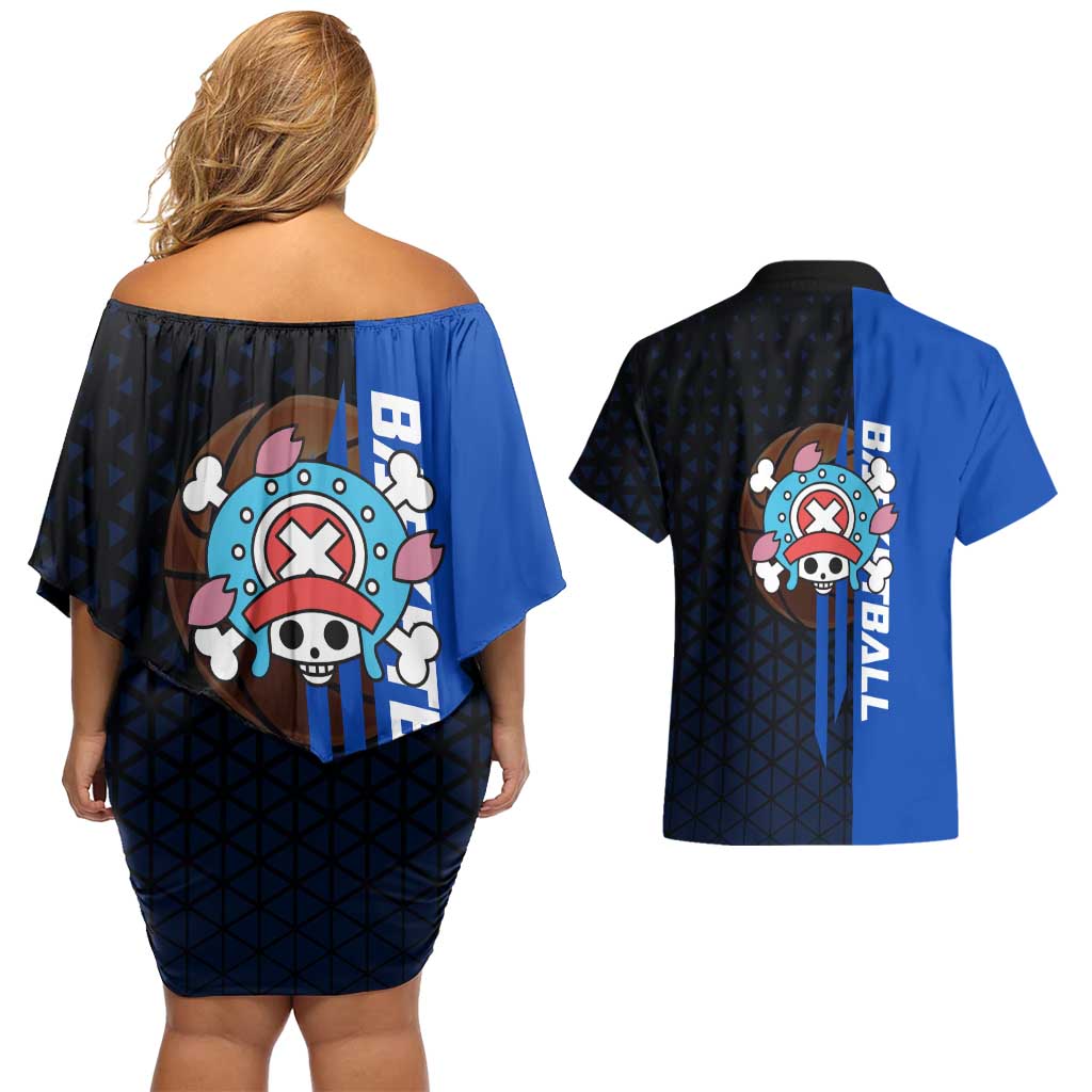 Tony Tony Chopper One Piece Basketball Theme Blue and Black Design Couples Matching Off Shoulder Short Dress and Hawaiian Shirt with Straw Hat Crew Emblem and Playful Pose - The Mazicc