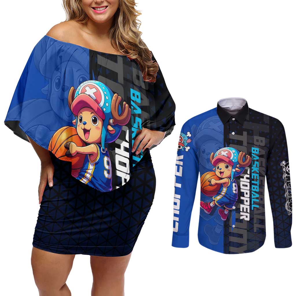 Tony Tony Chopper One Piece Basketball Theme Blue and Black Design Couples Matching Off Shoulder Short Dress and Long Sleeve Button Shirt with Straw Hat Crew Emblem and Playful Pose - The Mazicc