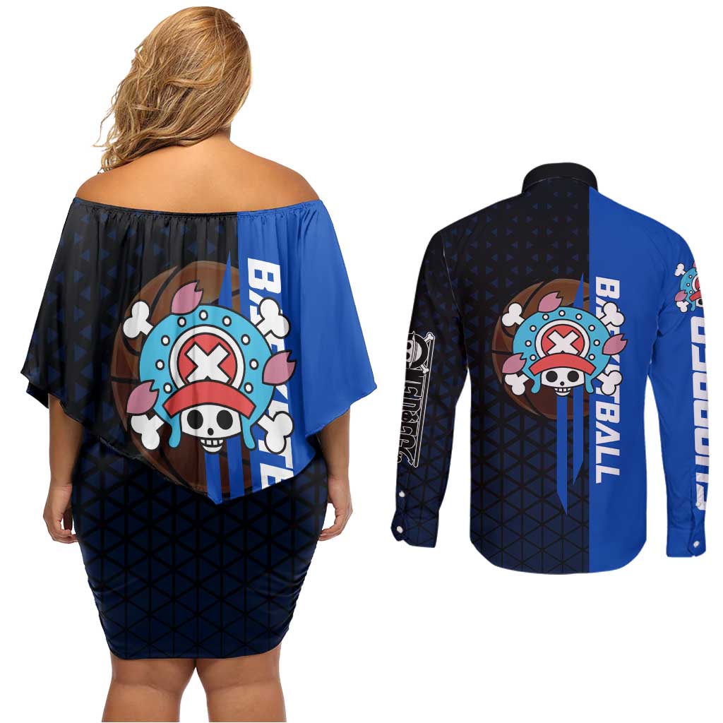 Tony Tony Chopper One Piece Basketball Theme Blue and Black Design Couples Matching Off Shoulder Short Dress and Long Sleeve Button Shirt with Straw Hat Crew Emblem and Playful Pose - The Mazicc