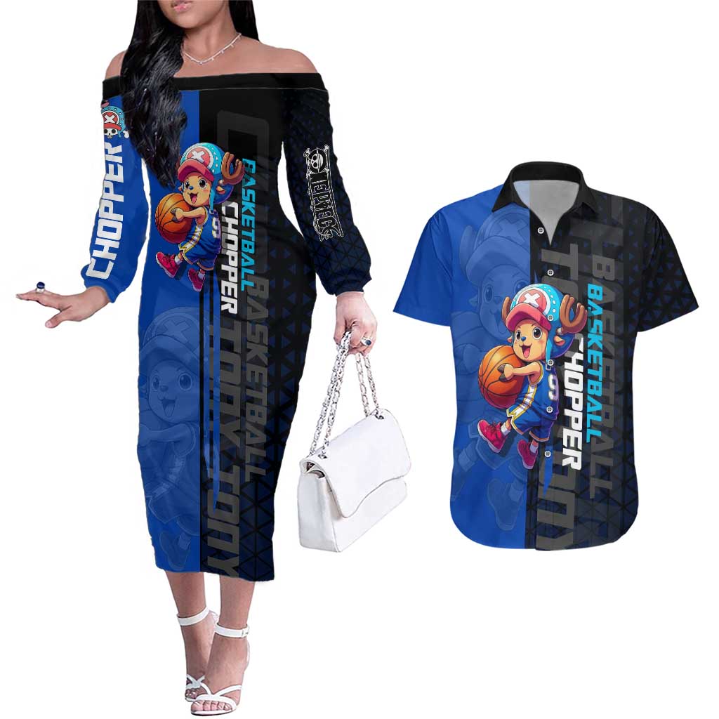 Tony Tony Chopper One Piece Basketball Theme Blue and Black Design Couples Matching Off The Shoulder Long Sleeve Dress and Hawaiian Shirt with Straw Hat Crew Emblem and Playful Pose - The Mazicc