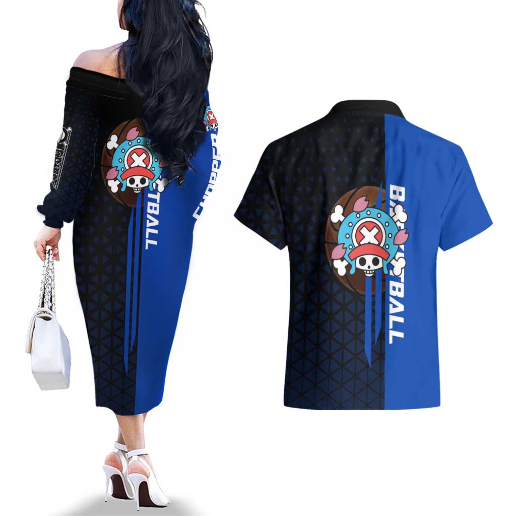 Tony Tony Chopper One Piece Basketball Theme Blue and Black Design Couples Matching Off The Shoulder Long Sleeve Dress and Hawaiian Shirt with Straw Hat Crew Emblem and Playful Pose - The Mazicc
