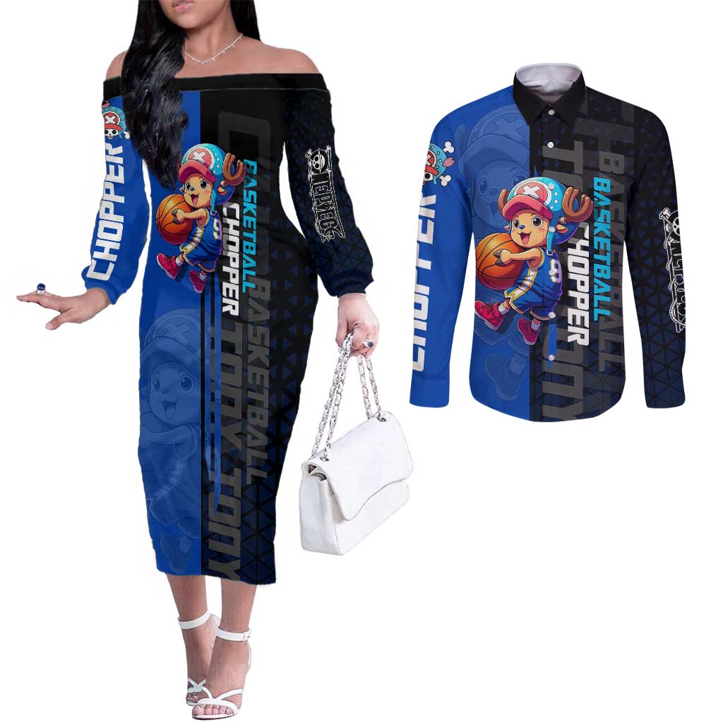 Tony Tony Chopper One Piece Basketball Theme Blue and Black Design Couples Matching Off The Shoulder Long Sleeve Dress and Long Sleeve Button Shirt with Straw Hat Crew Emblem and Playful Pose - The Mazicc