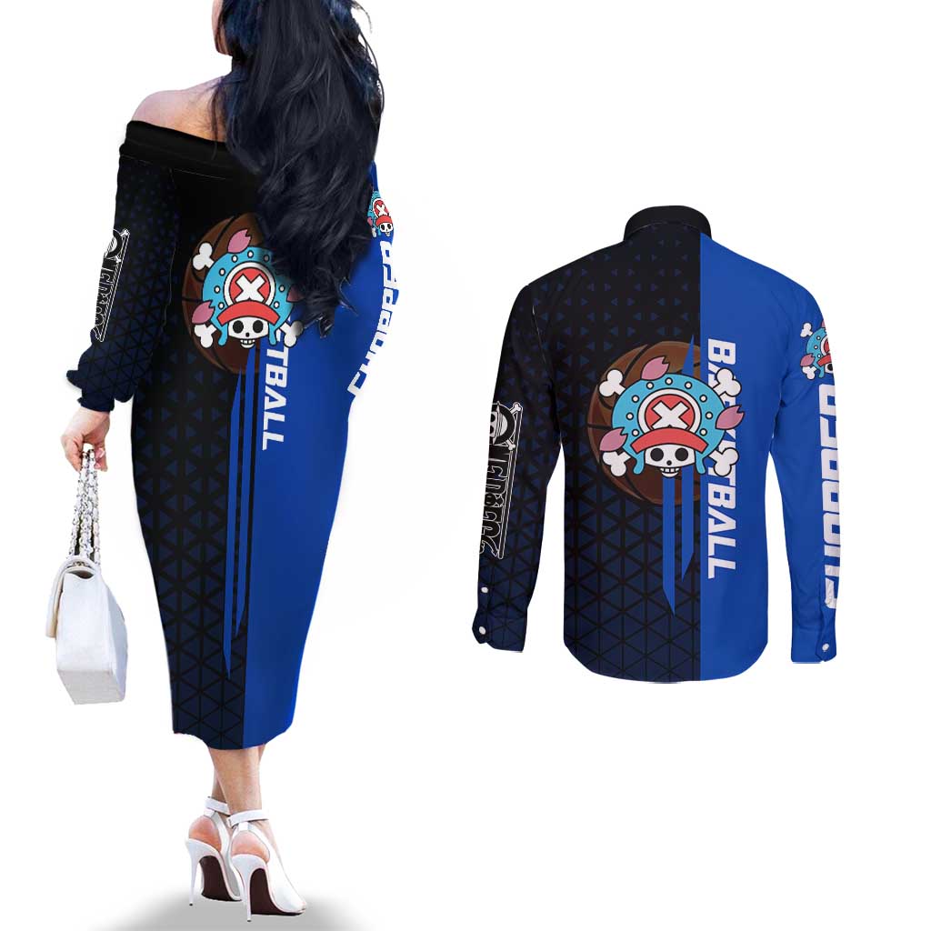 Tony Tony Chopper One Piece Basketball Theme Blue and Black Design Couples Matching Off The Shoulder Long Sleeve Dress and Long Sleeve Button Shirt with Straw Hat Crew Emblem and Playful Pose - The Mazicc