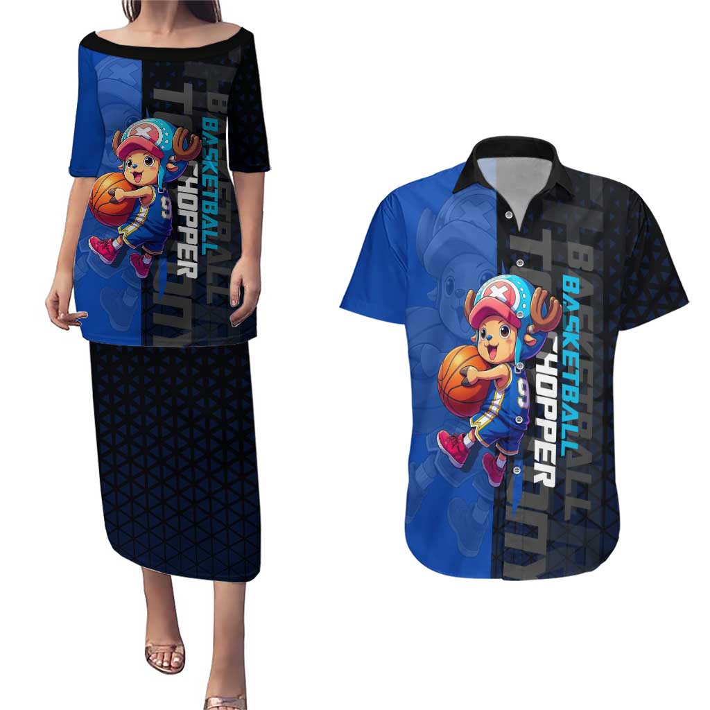 Tony Tony Chopper One Piece Basketball Theme Blue and Black Design Couples Matching Puletasi and Hawaiian Shirt with Straw Hat Crew Emblem and Playful Pose - The Mazicc