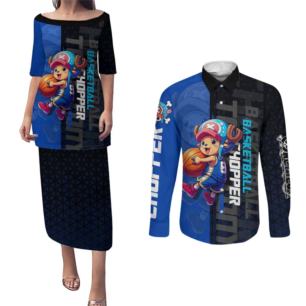 Tony Tony Chopper One Piece Basketball Theme Blue and Black Design Couples Matching Puletasi and Long Sleeve Button Shirt with Straw Hat Crew Emblem and Playful Pose - The Mazicc