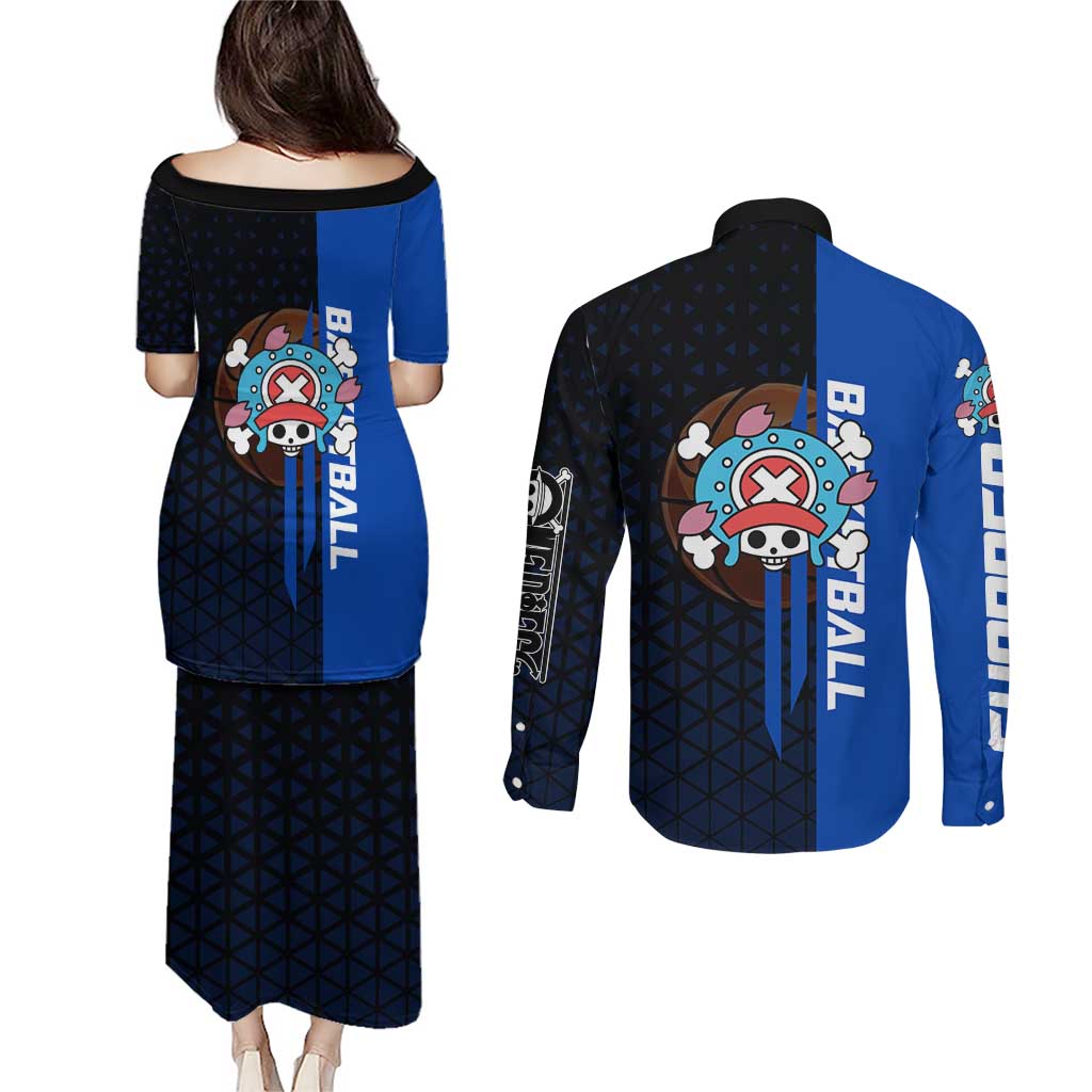 Tony Tony Chopper One Piece Basketball Theme Blue and Black Design Couples Matching Puletasi and Long Sleeve Button Shirt with Straw Hat Crew Emblem and Playful Pose - The Mazicc