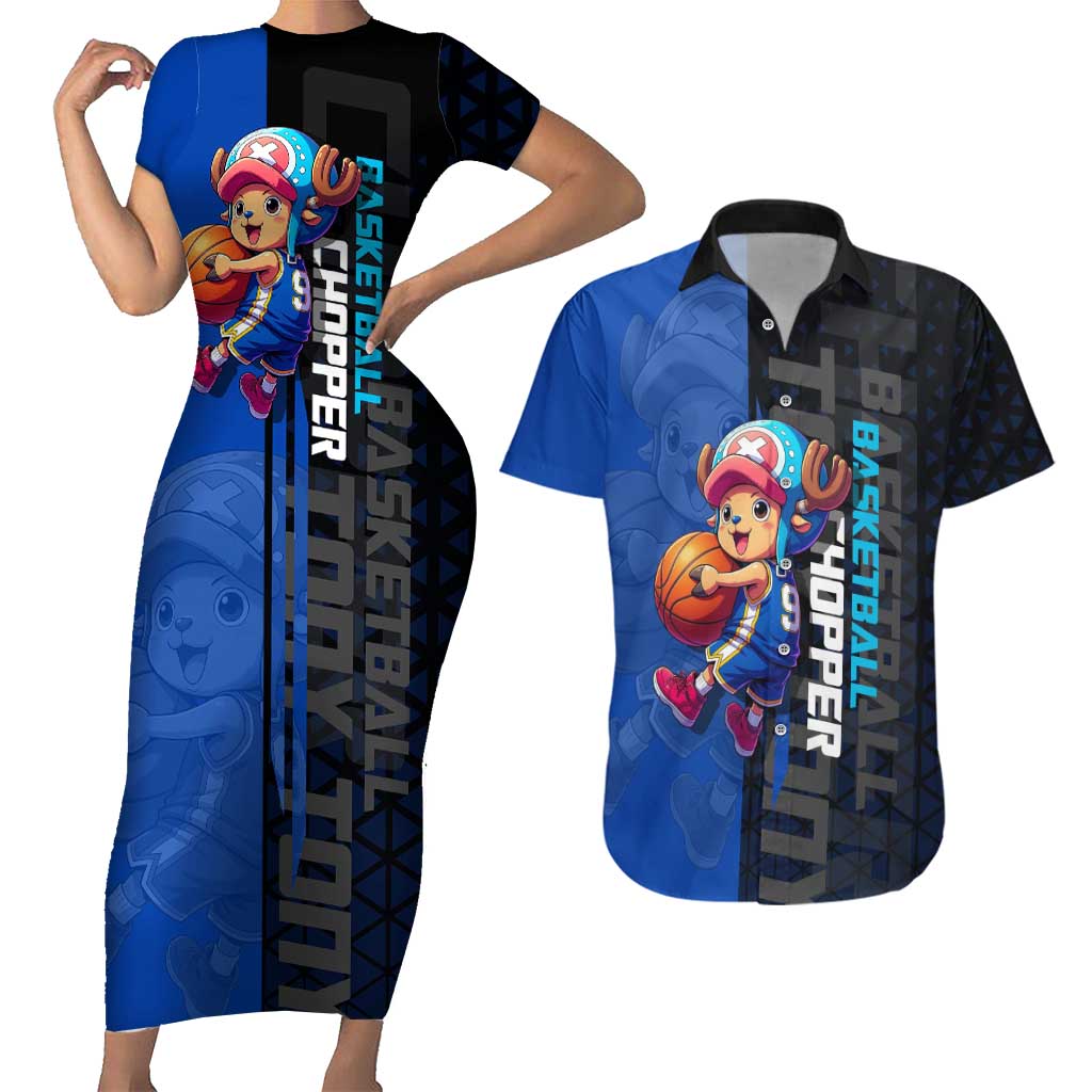 Tony Tony Chopper One Piece Basketball Theme Blue and Black Design Couples Matching Short Sleeve Bodycon Dress and Hawaiian Shirt with Straw Hat Crew Emblem and Playful Pose - The Mazicc