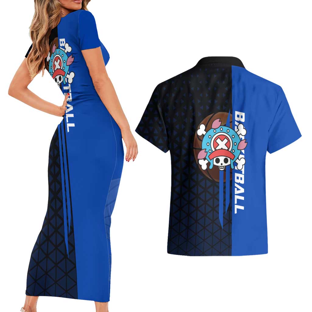 Tony Tony Chopper One Piece Basketball Theme Blue and Black Design Couples Matching Short Sleeve Bodycon Dress and Hawaiian Shirt with Straw Hat Crew Emblem and Playful Pose - The Mazicc