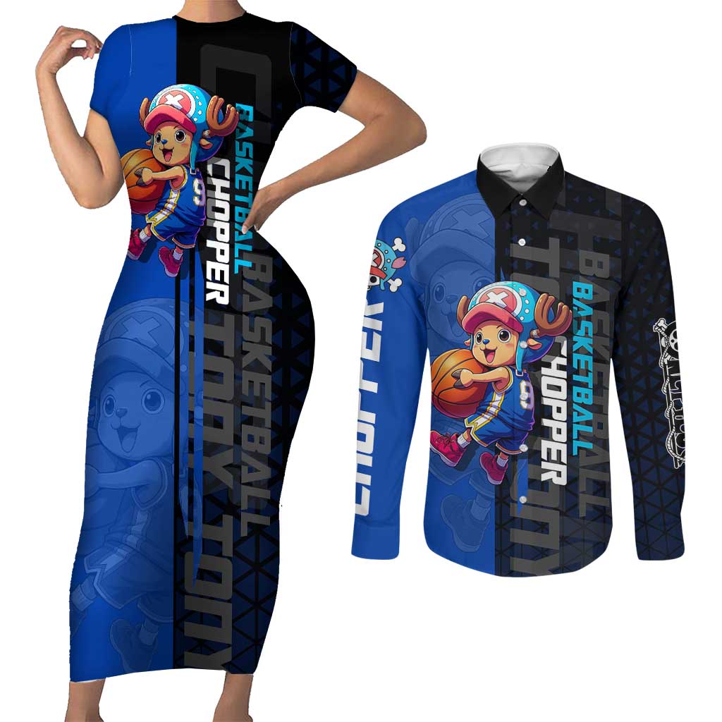 Tony Tony Chopper One Piece Basketball Theme Blue and Black Design Couples Matching Short Sleeve Bodycon Dress and Long Sleeve Button Shirt with Straw Hat Crew Emblem and Playful Pose - The Mazicc